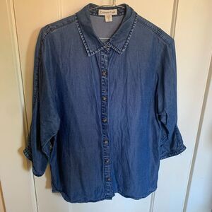 Tencel Denim Button Up Women's Sz XS Boxy Fit Raglan 3/4 Sleeve Tortoise Buttons
